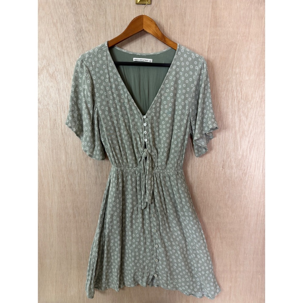 Abercrombie & Fitch Sage Green Floral Button Front Tie Waist Mini Dress Large